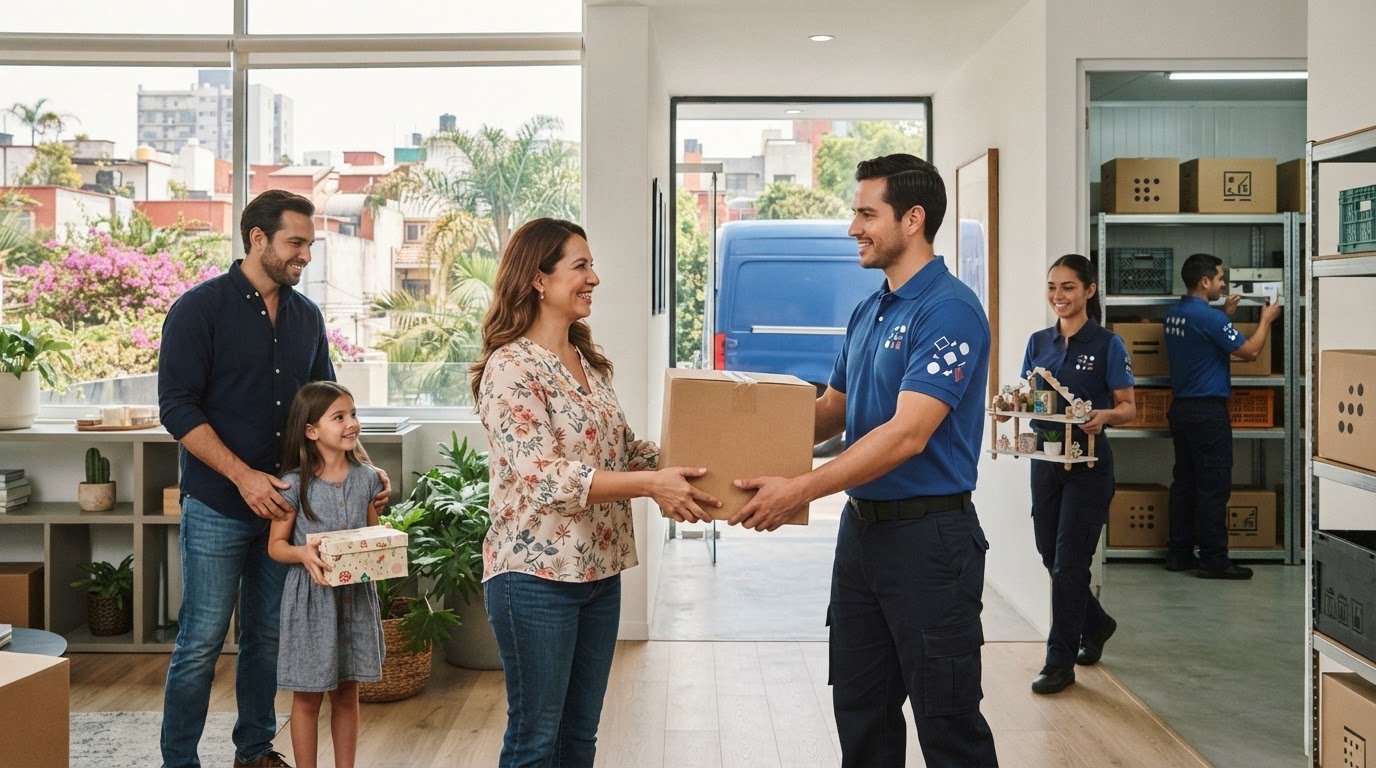Persona entrega cajas y muebles para almacenamiento con recolección a domicilio.