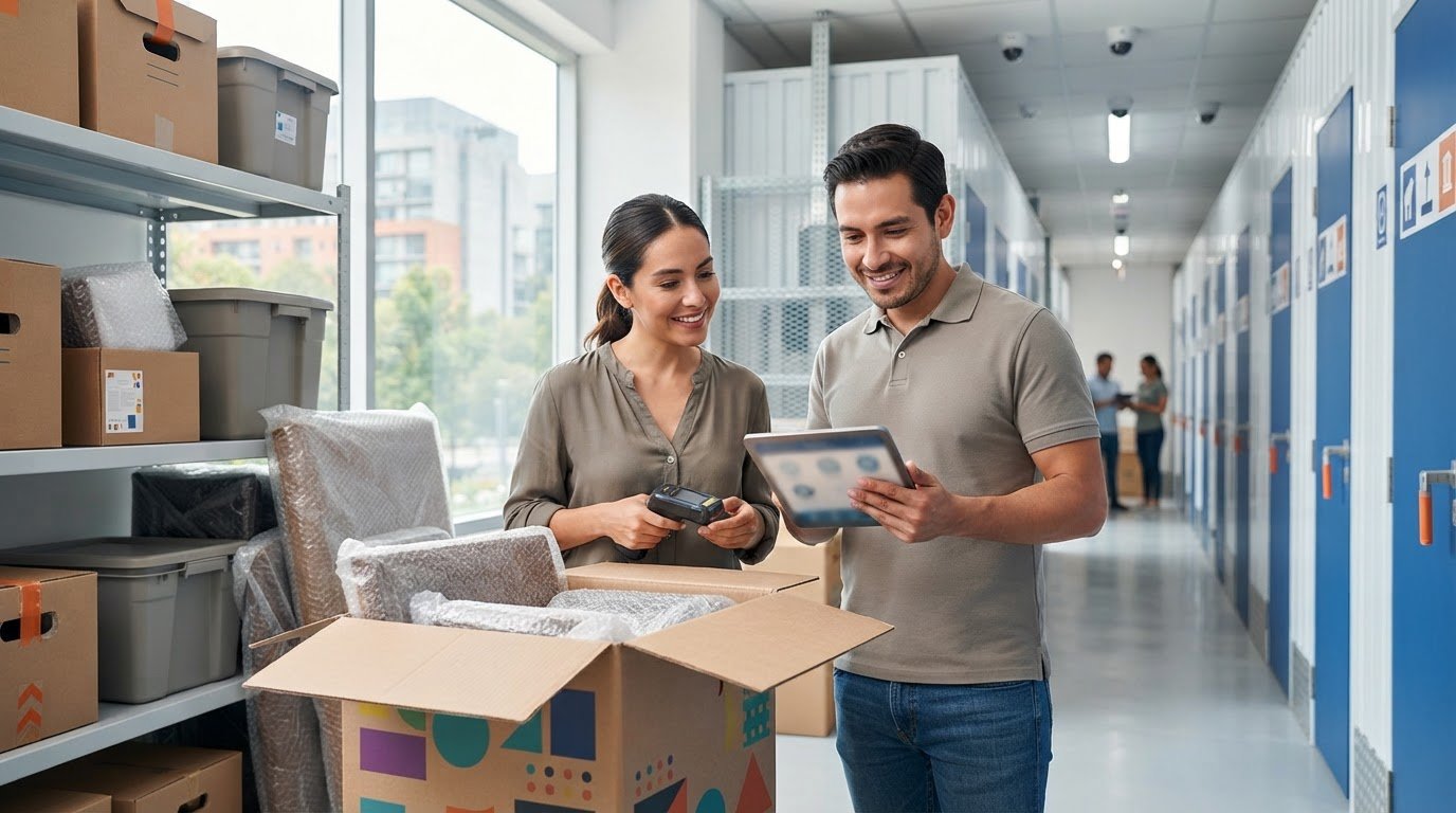 Muebles y cajas resguardados en una bodega con inventario digital