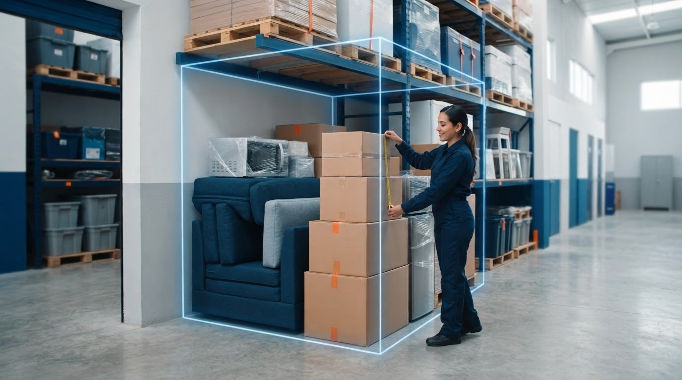 Cajas, muebles y cinta métrica para calcular el volumen de almacenamiento en metros cúbicos