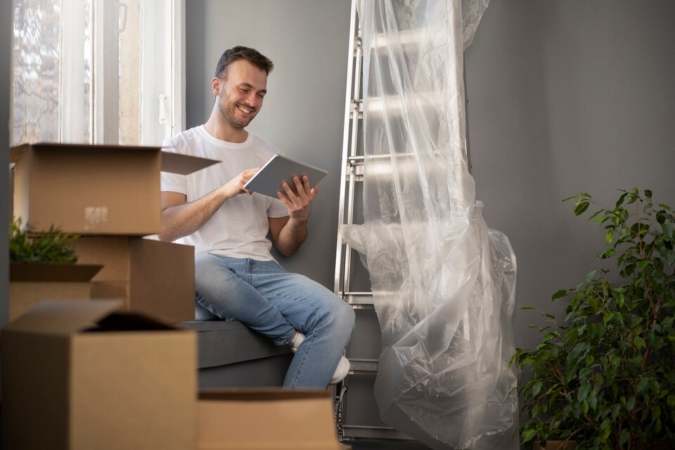 Hombre revisando una tableta en una sala de estar con una escalera, una planta y cajas de cartón apiladas Bodega Guadalajara