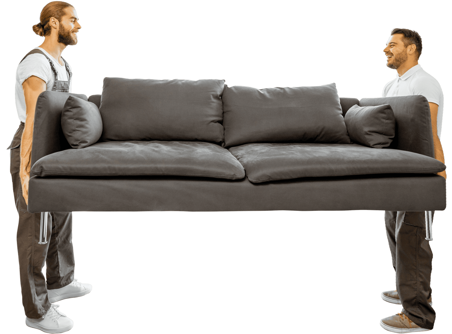 Dos hombres cargando un sofá gris Almacenamiento Guadalajara