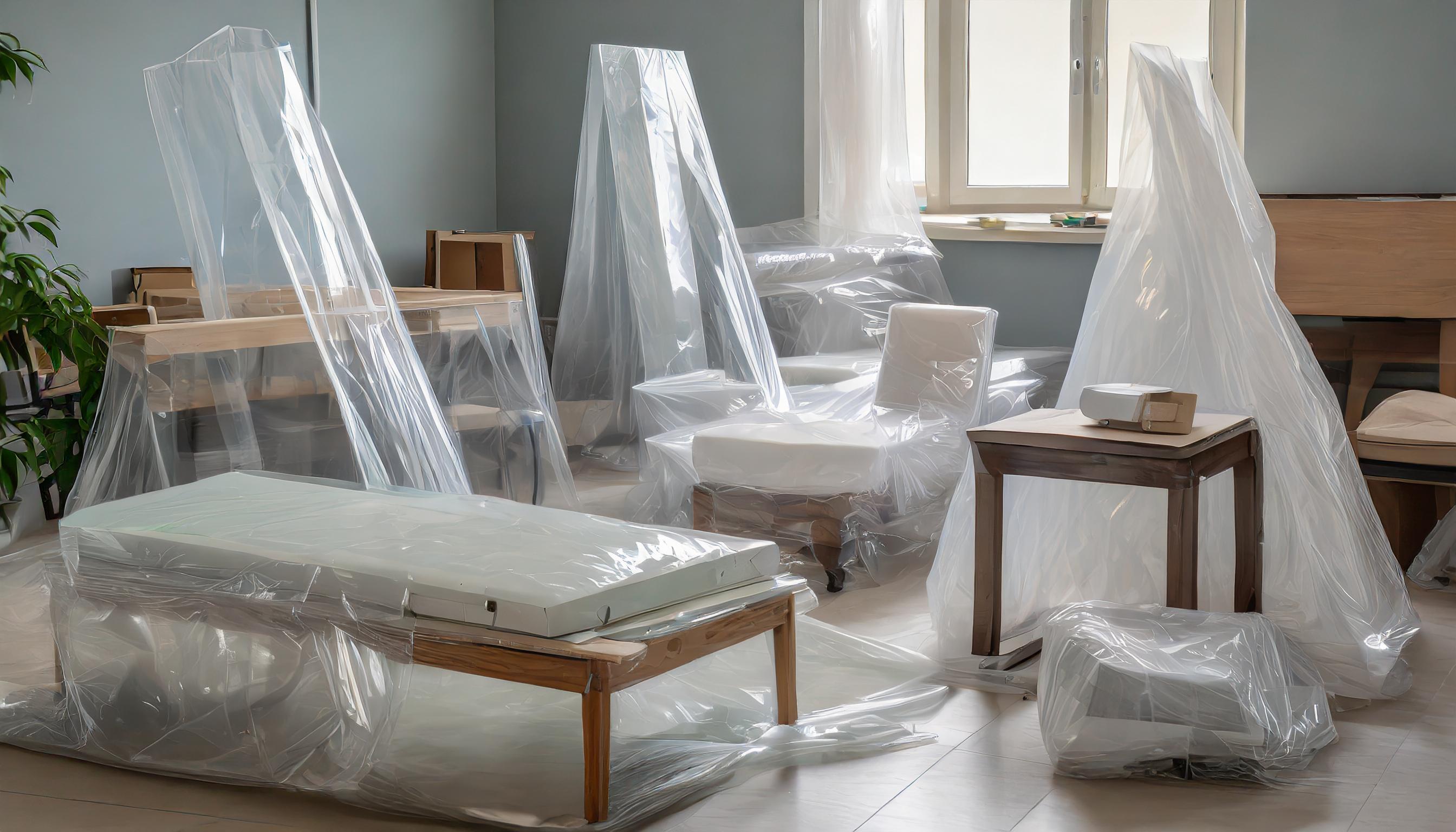 varios muebles en una sala cubiertos de plásticos transparente Bodega Guadalajara